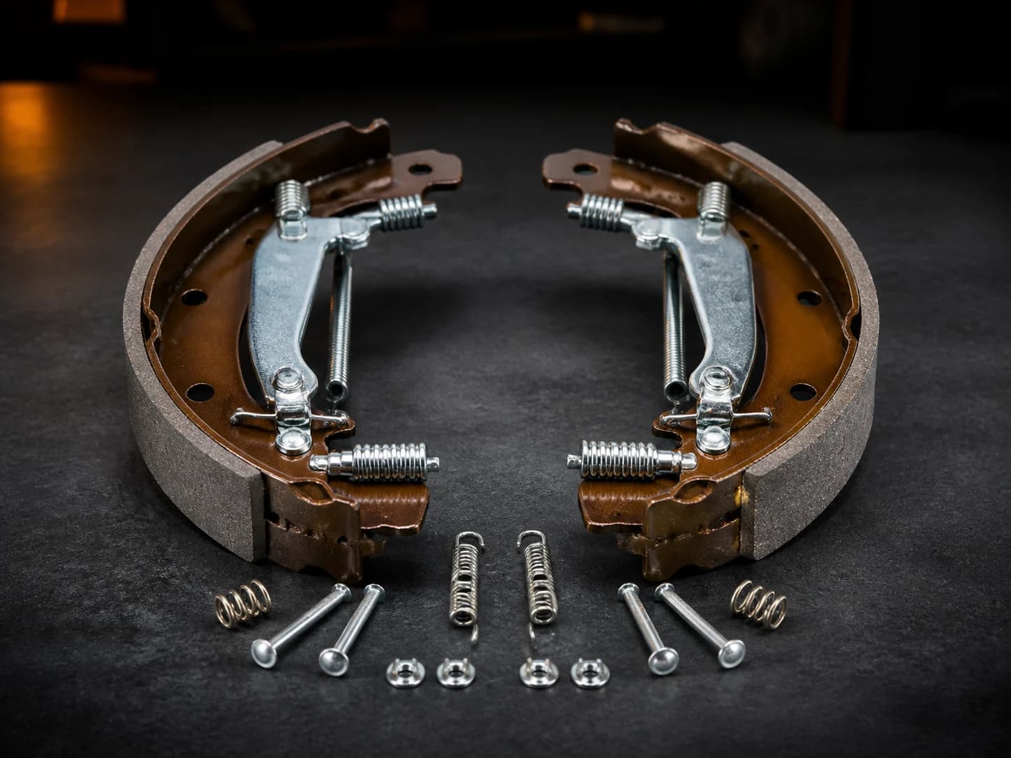 Pair of automotive drum brake shoes with fitting hardware